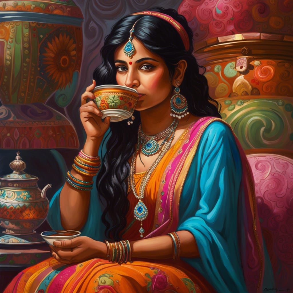 Young Indian Woman's Whimsical Tea Time