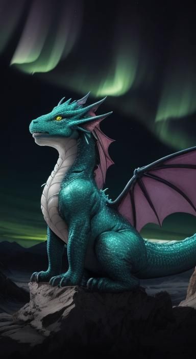 Cute little dragon with aurora borealis in the background& h...