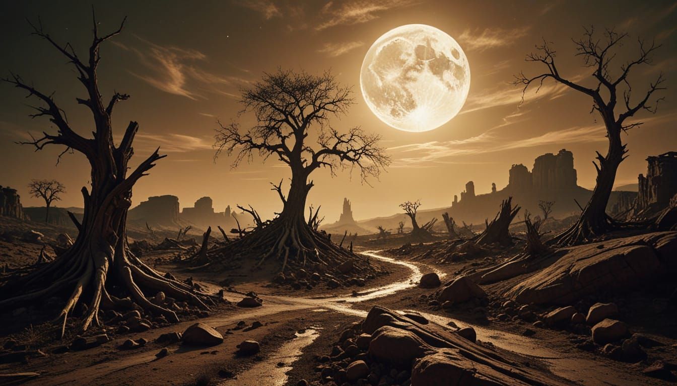 Motorcyclist Ascends Ruined City Under Eerie Moon