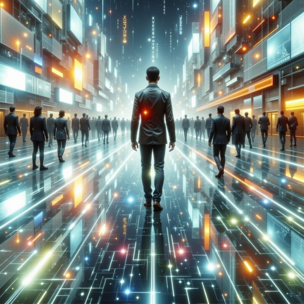 Nighttime cityscape of Geometrical shaped buildings, digital...