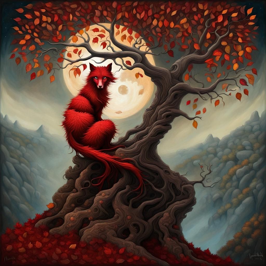 Mythical Creature in Autumn Tree: Surrealist Fantasy Art