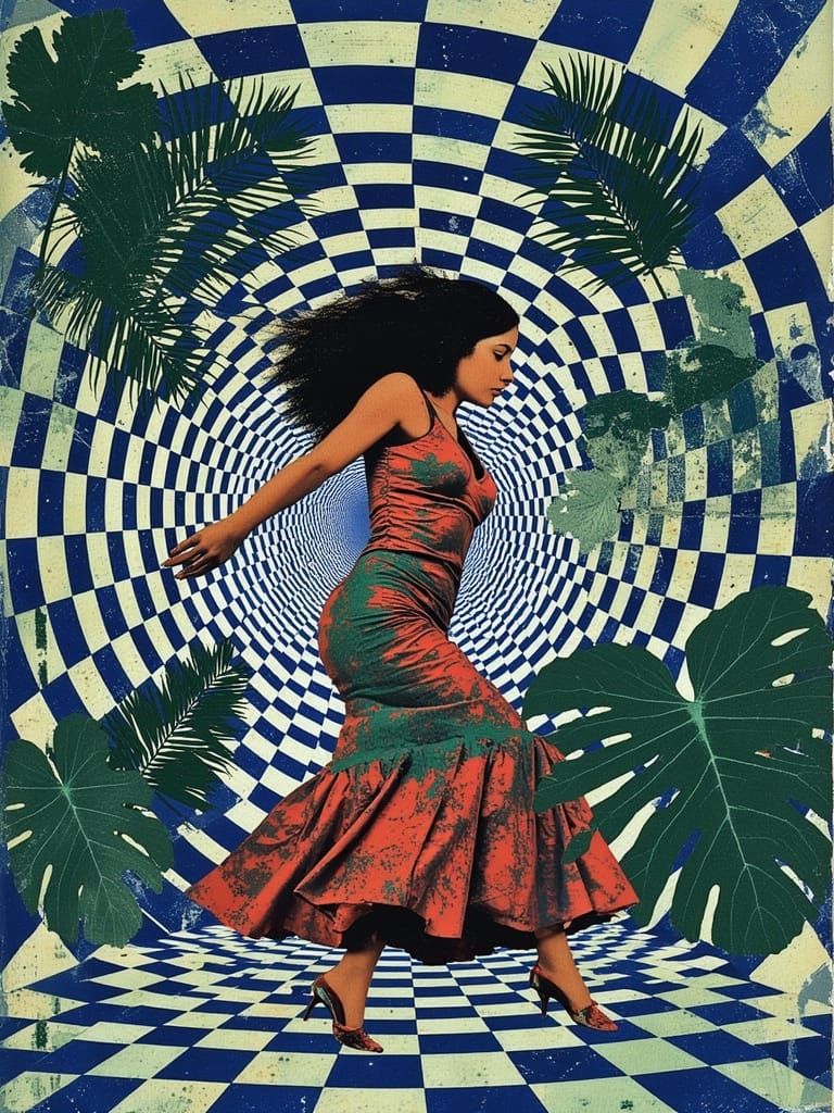 Dynamic Mambo Dancer in Swirling Vortex of Stripes