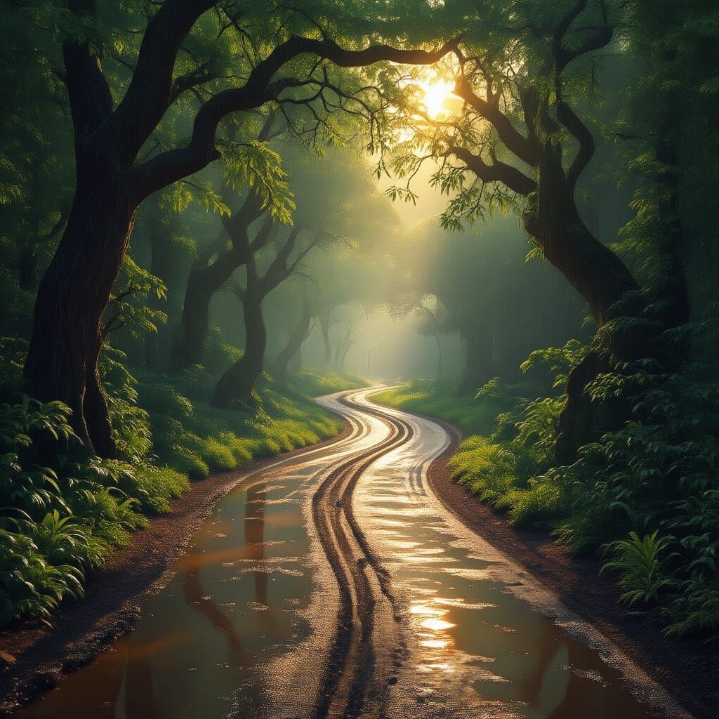 Rainy Forest Road Path Through Trees