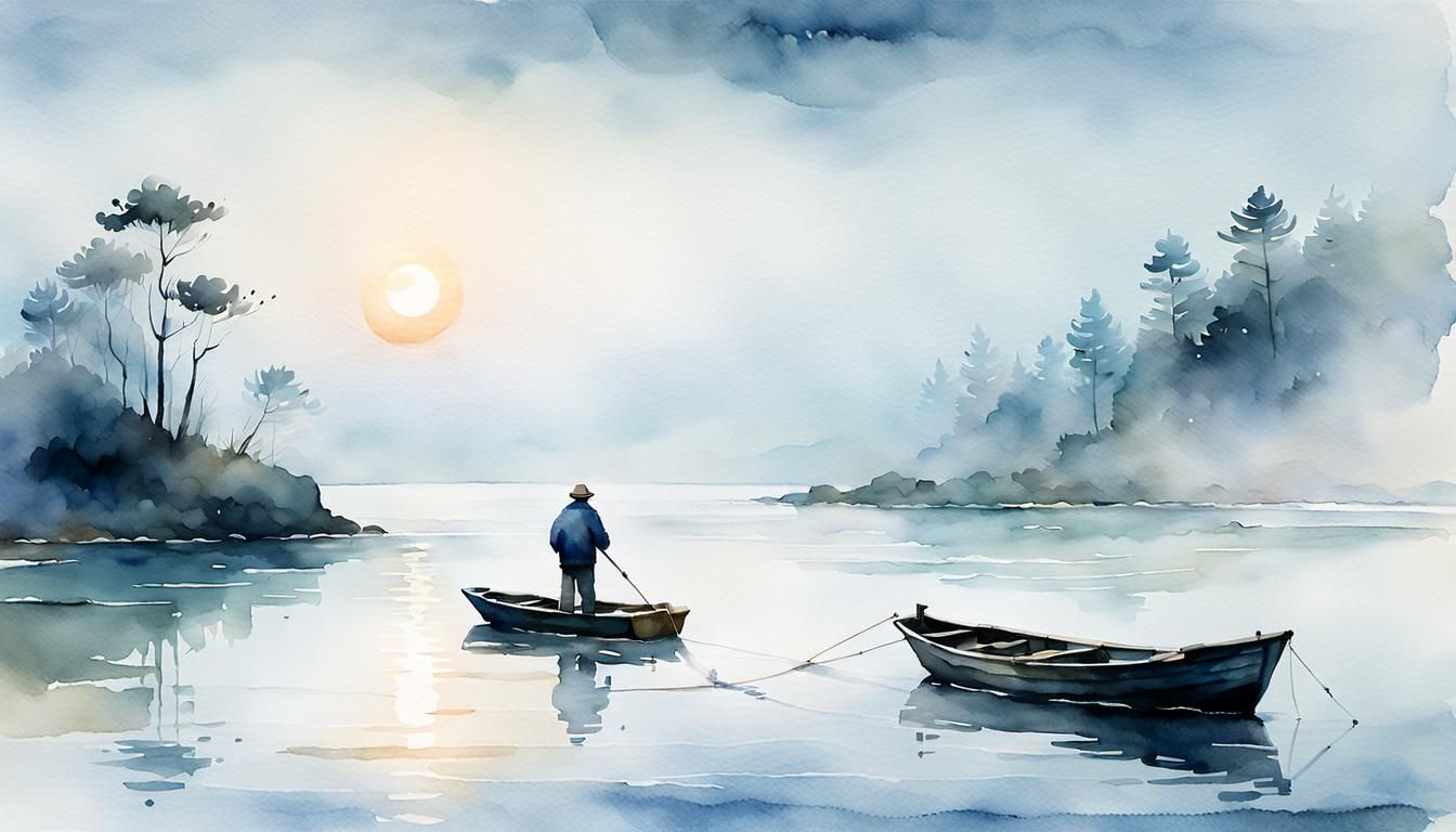 Minimalist Watercolor Fisherman at Night