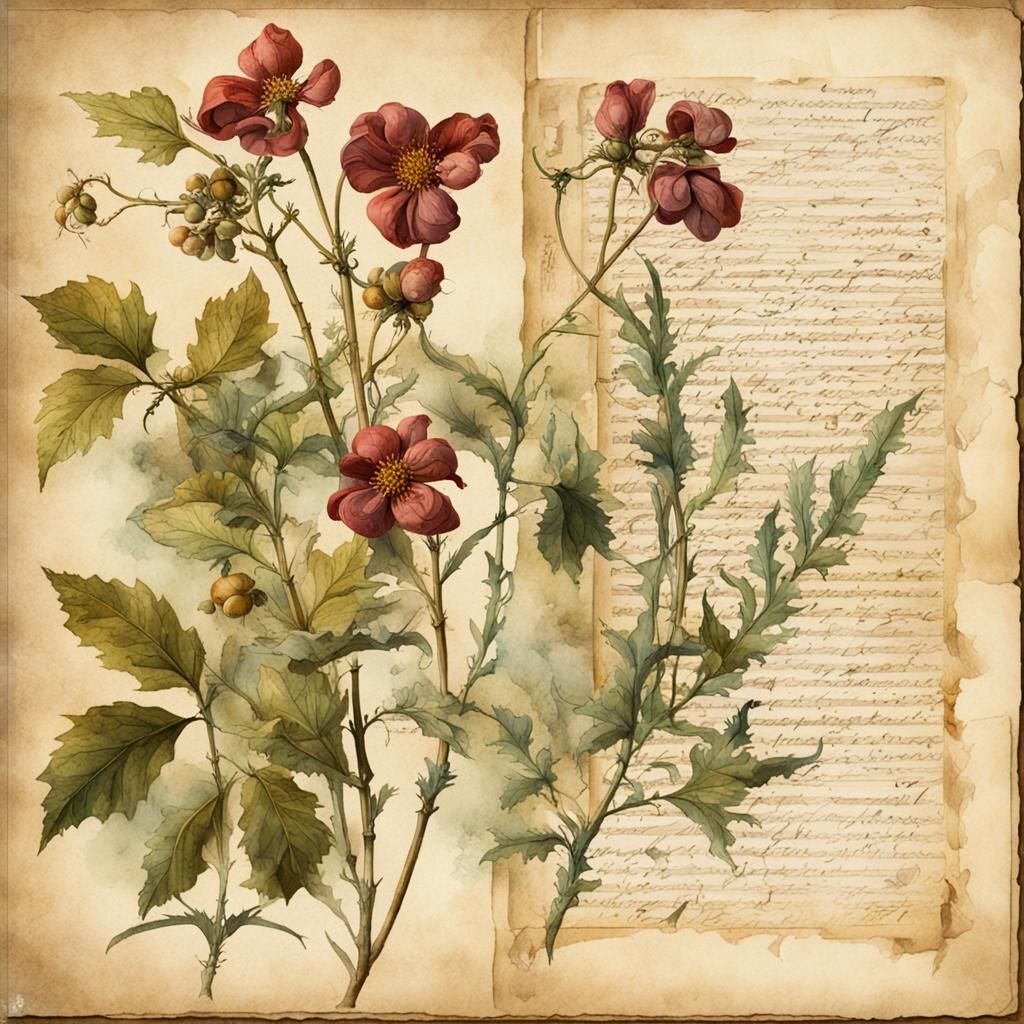 Medieval Botanical Herbarium Page in Watercolor Style