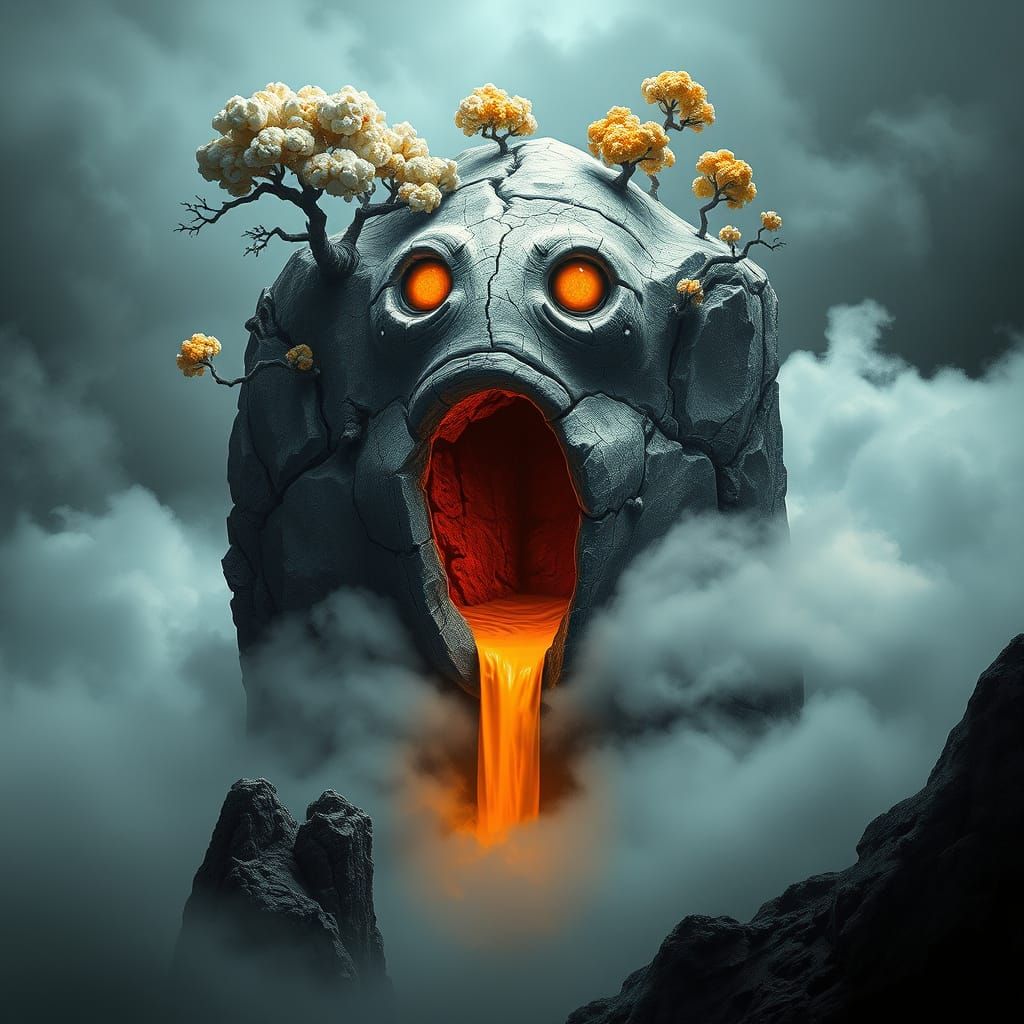 Sentient Granite Island in Misty Surreal Landscape