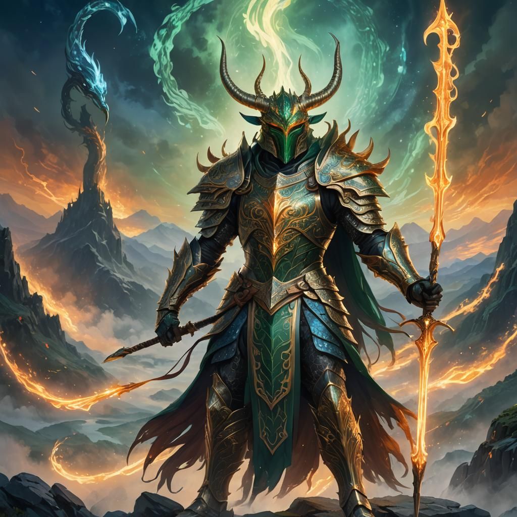 Majestic Warrior with Glowing Spear in Misty Landscape