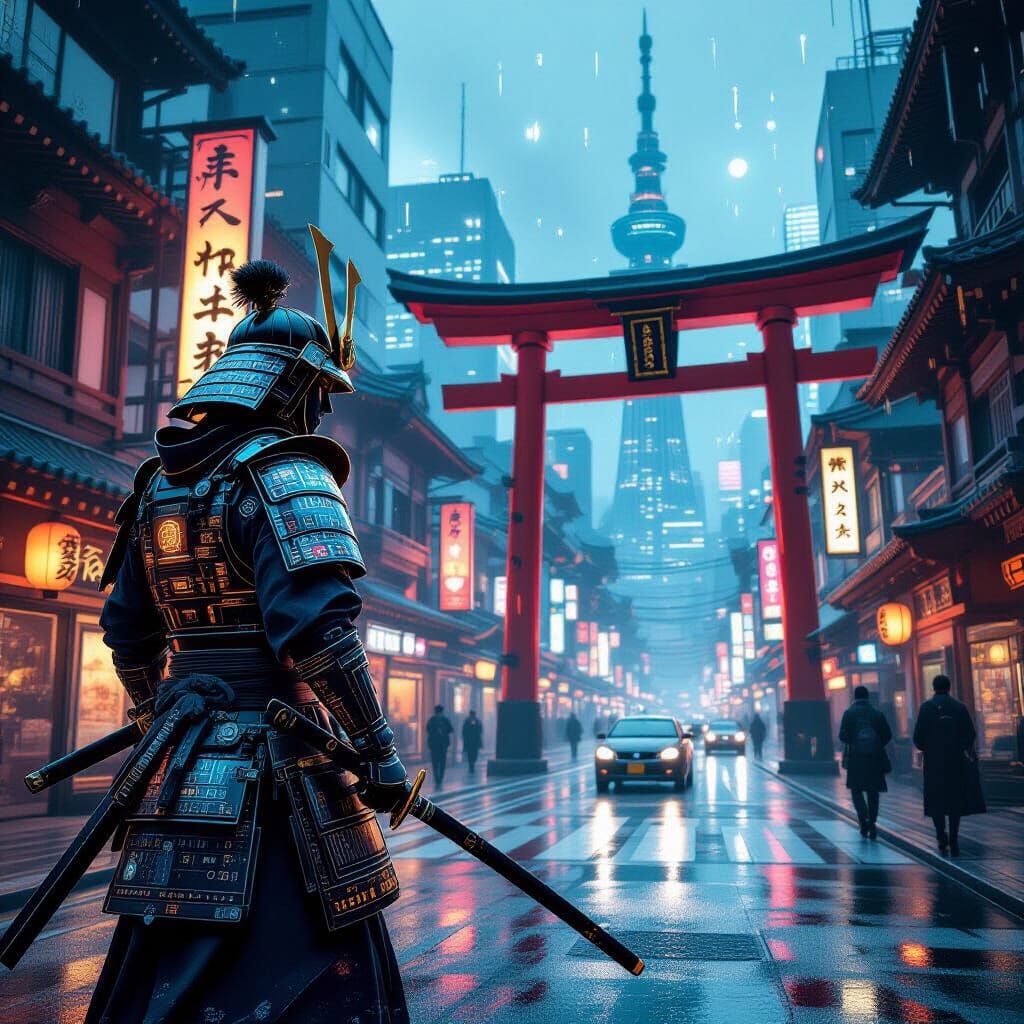 Cyberpunk Samurai Guarding Tokyo Intersection