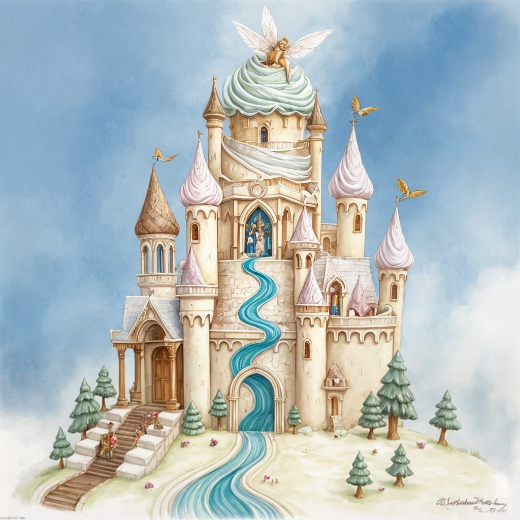 Ice Cream Castle with Fairy, Watercolor Painting