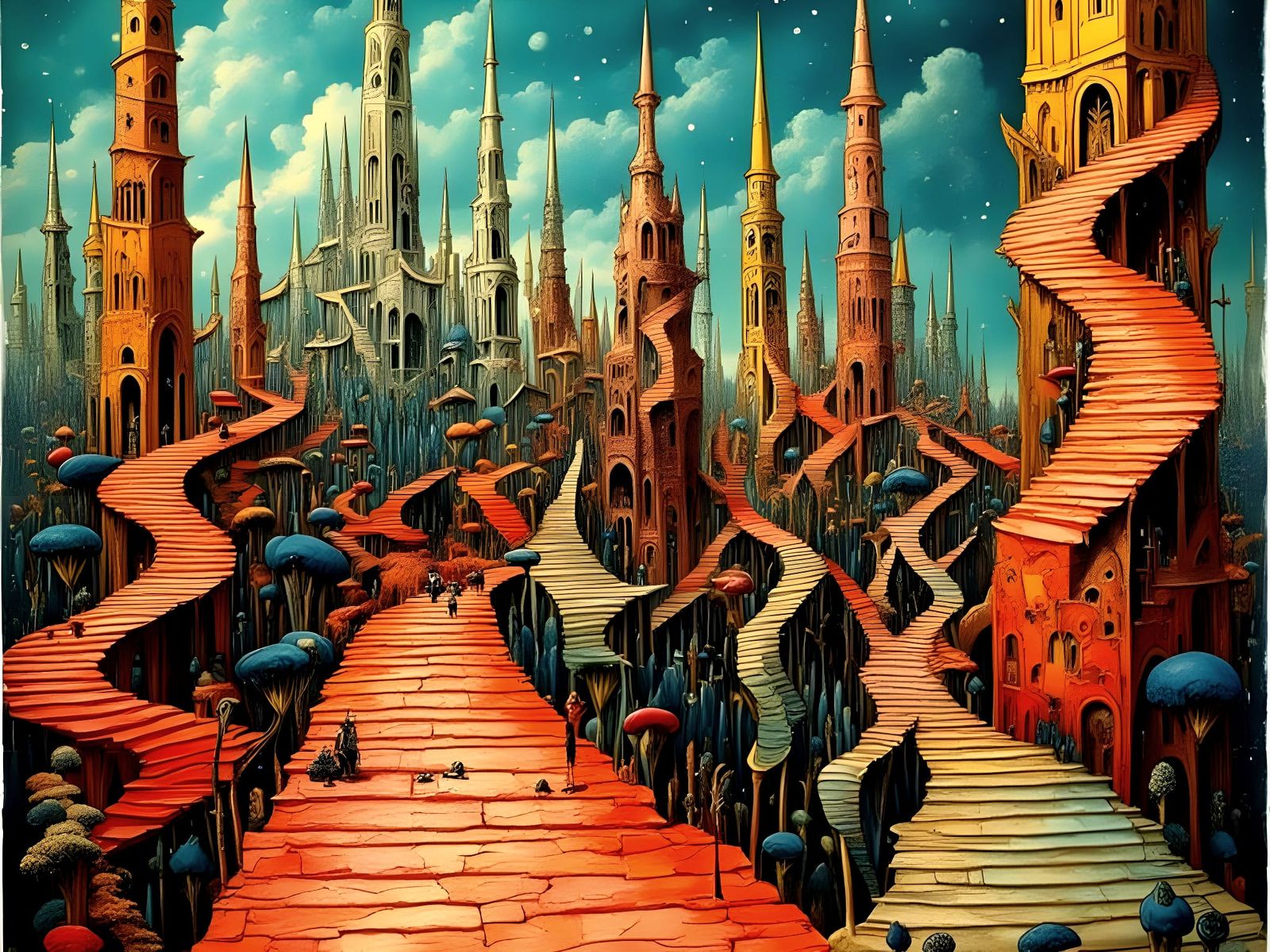 Escher-like Tower with Impossible Geometry in Surreal Style