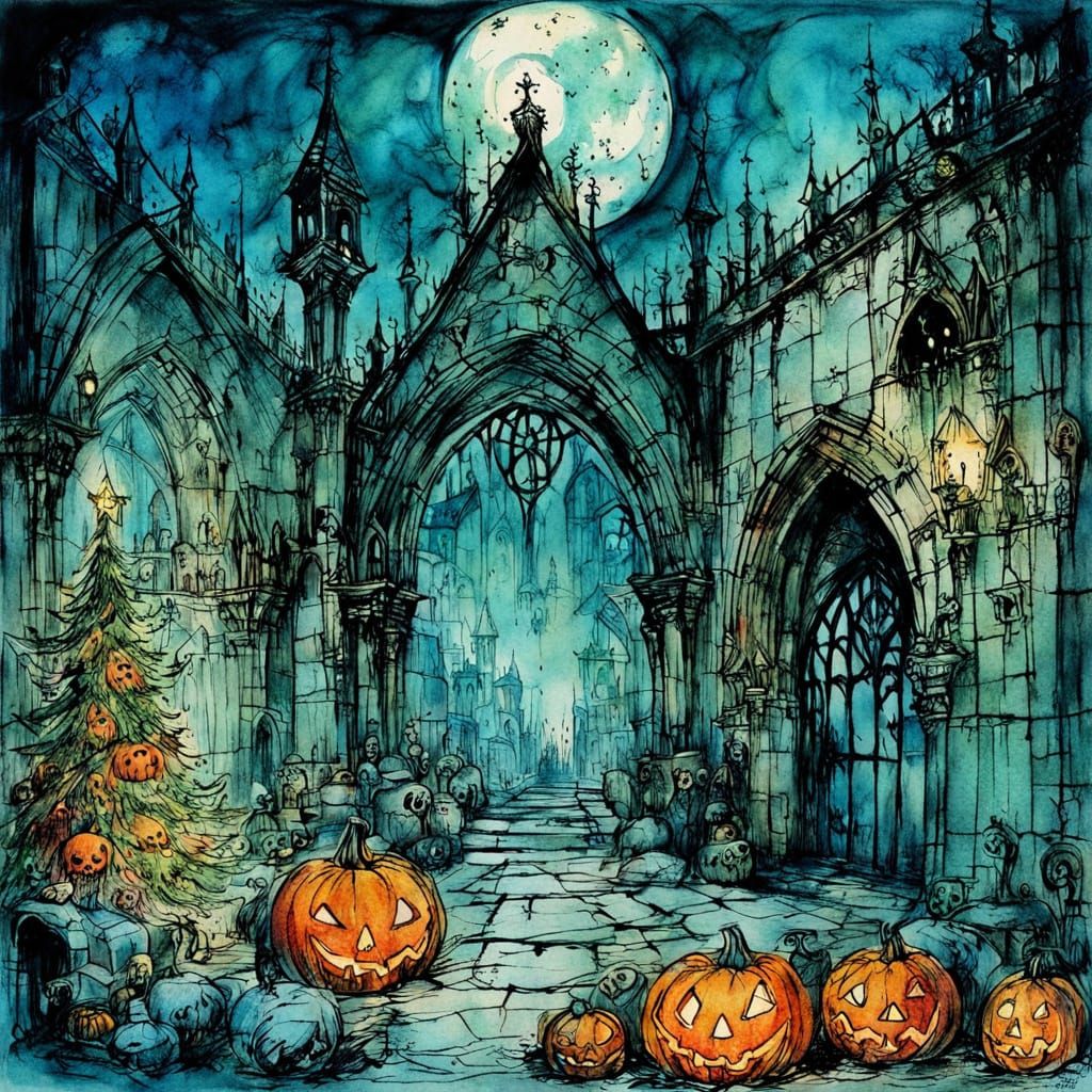 Grotesque Christmas in Crypt, Whimsical Halloween Style
