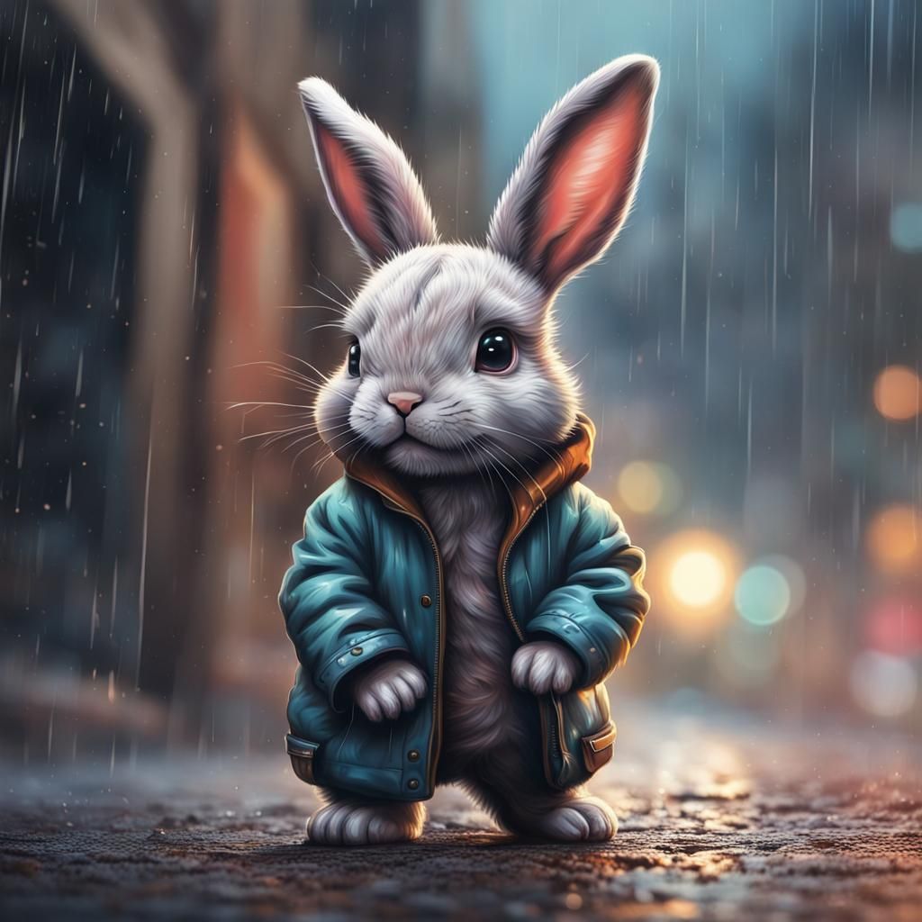 Scared Bunny in Rain: Hyperrealistic Splash Art