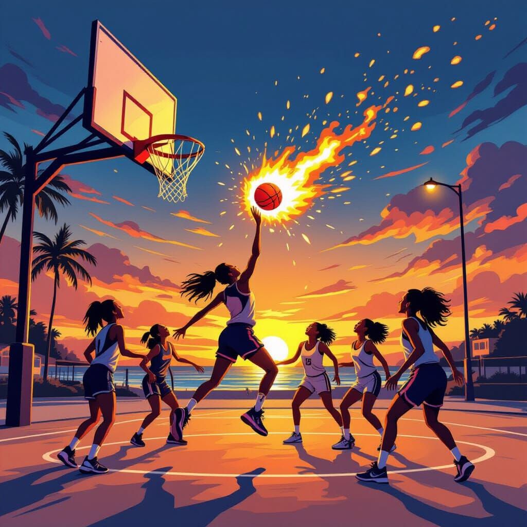 Sunset Basketball Game with Slam Dunk