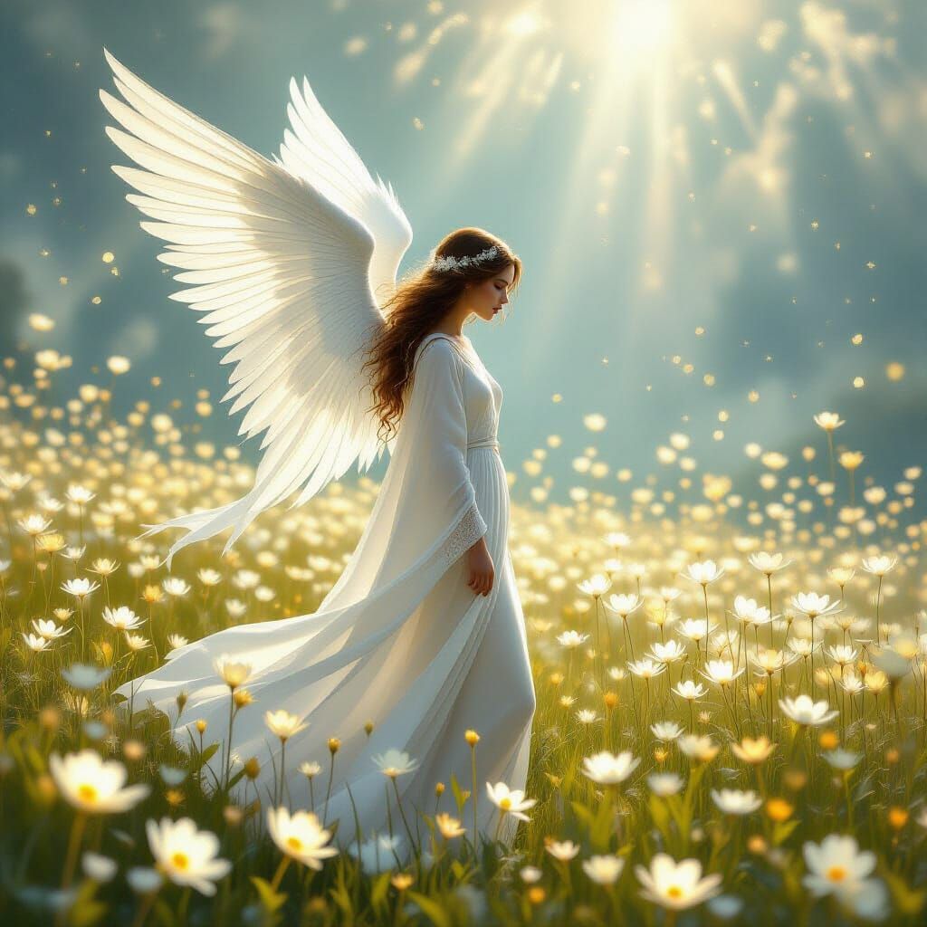 Lone Angel in Ethereal Flower Field