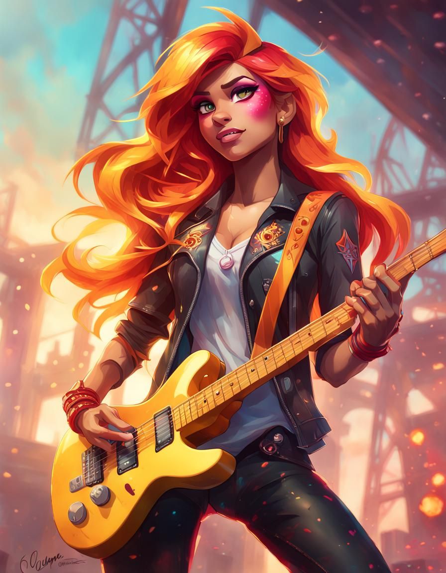 Sunset Shimmer as Rock Star, Detailed Digital Art