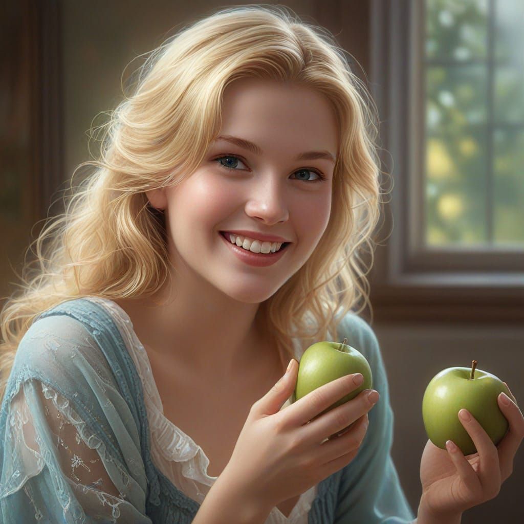 Ethereal Fantasy Art: Blond Woman Eats Apple in Mist