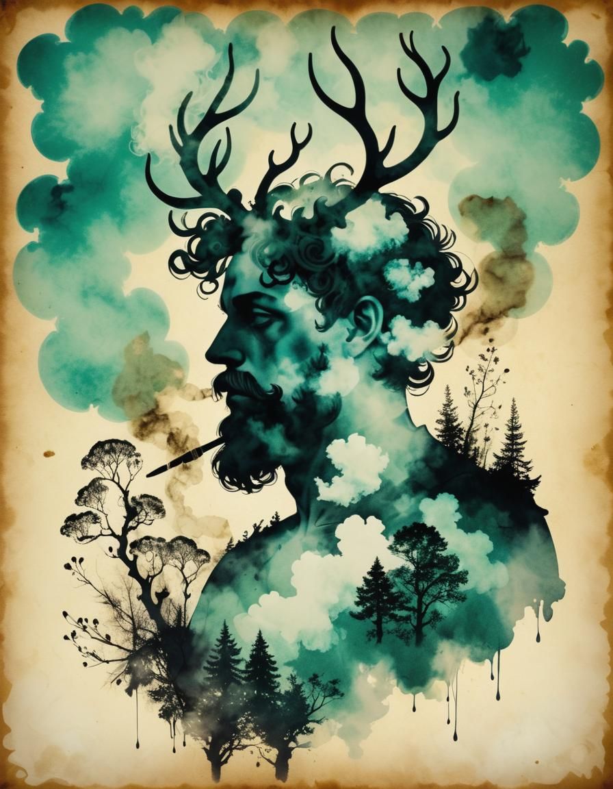 Cernunnos: Celtic God in Steampunk Double Exposure