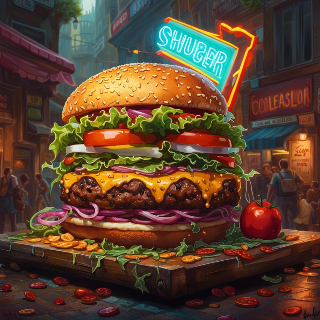 Juicy Shuru Burger Advert in Maximalist Style