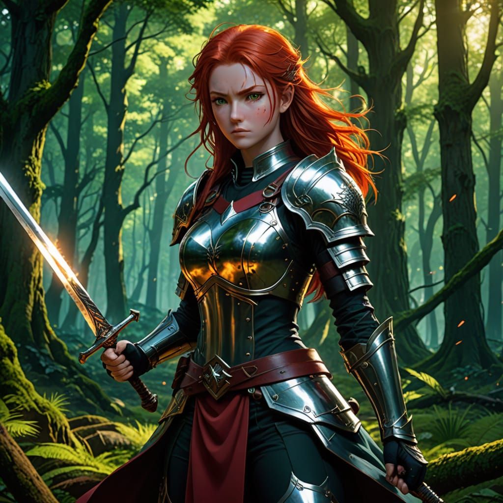 Epic Fantasy Warrior in Fiery Red Hair, Holding Sword in the...