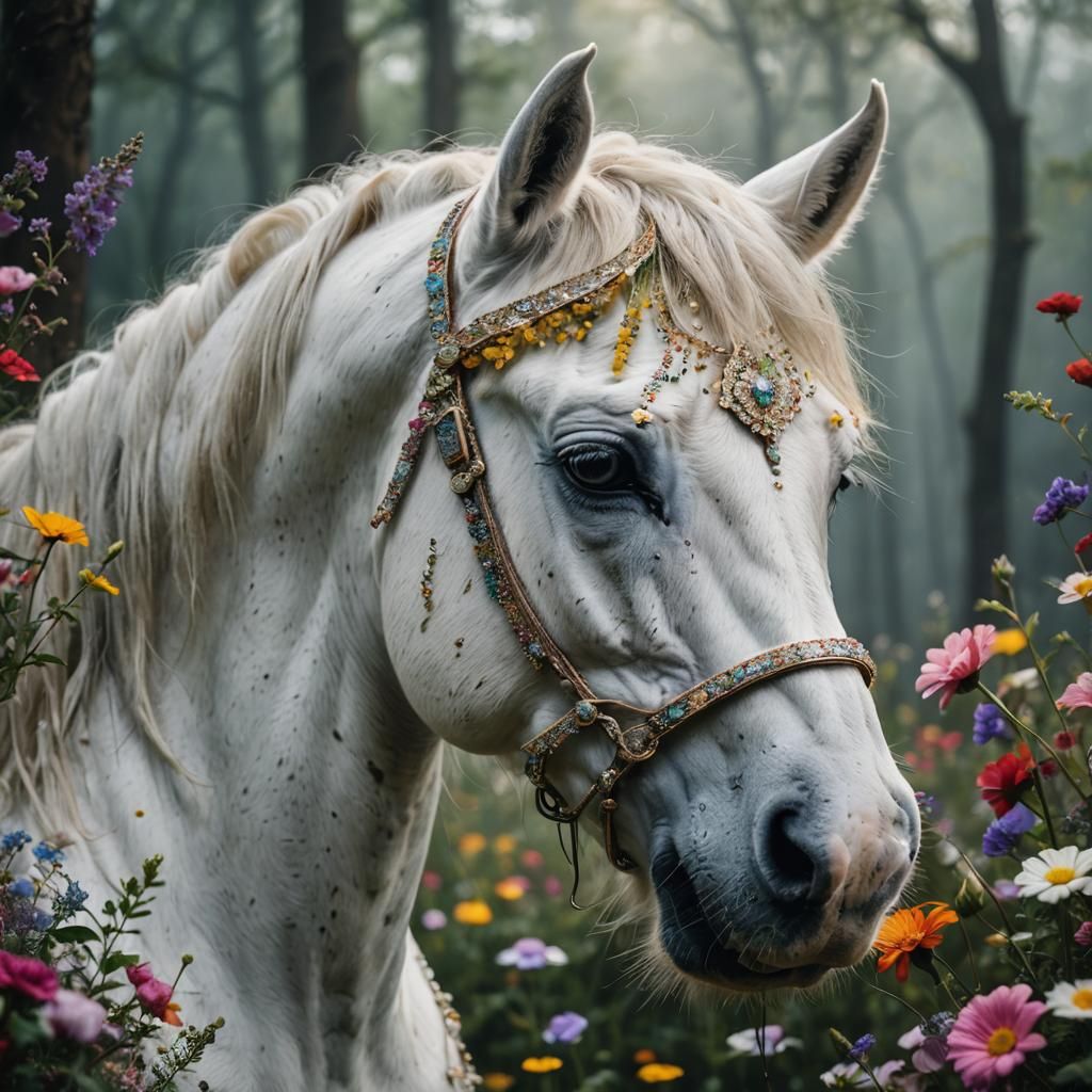 Majestic White Horse with Diamonds in Floral Forest