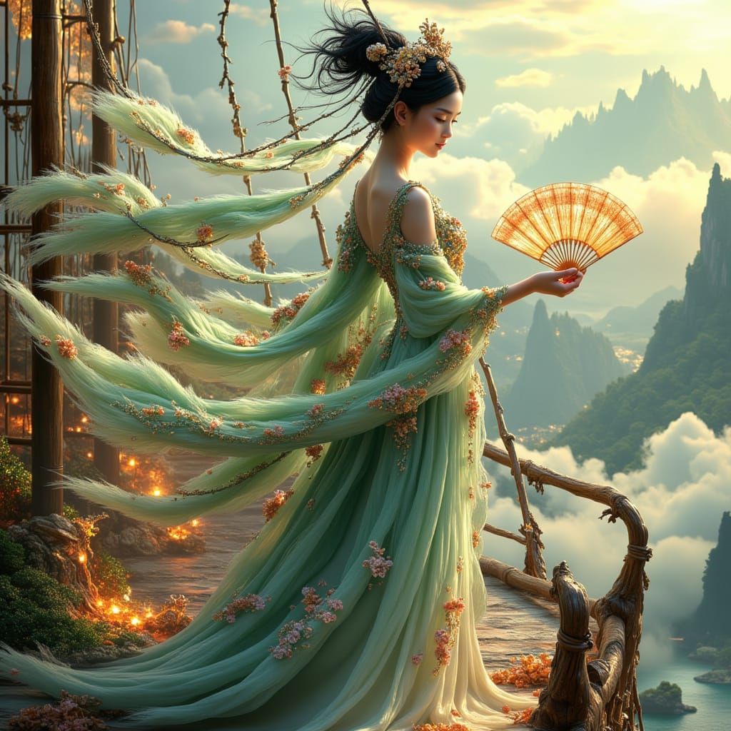 Ethereal Silkpunk Beauty Amidst Bamboo Airship's Morning Rad...