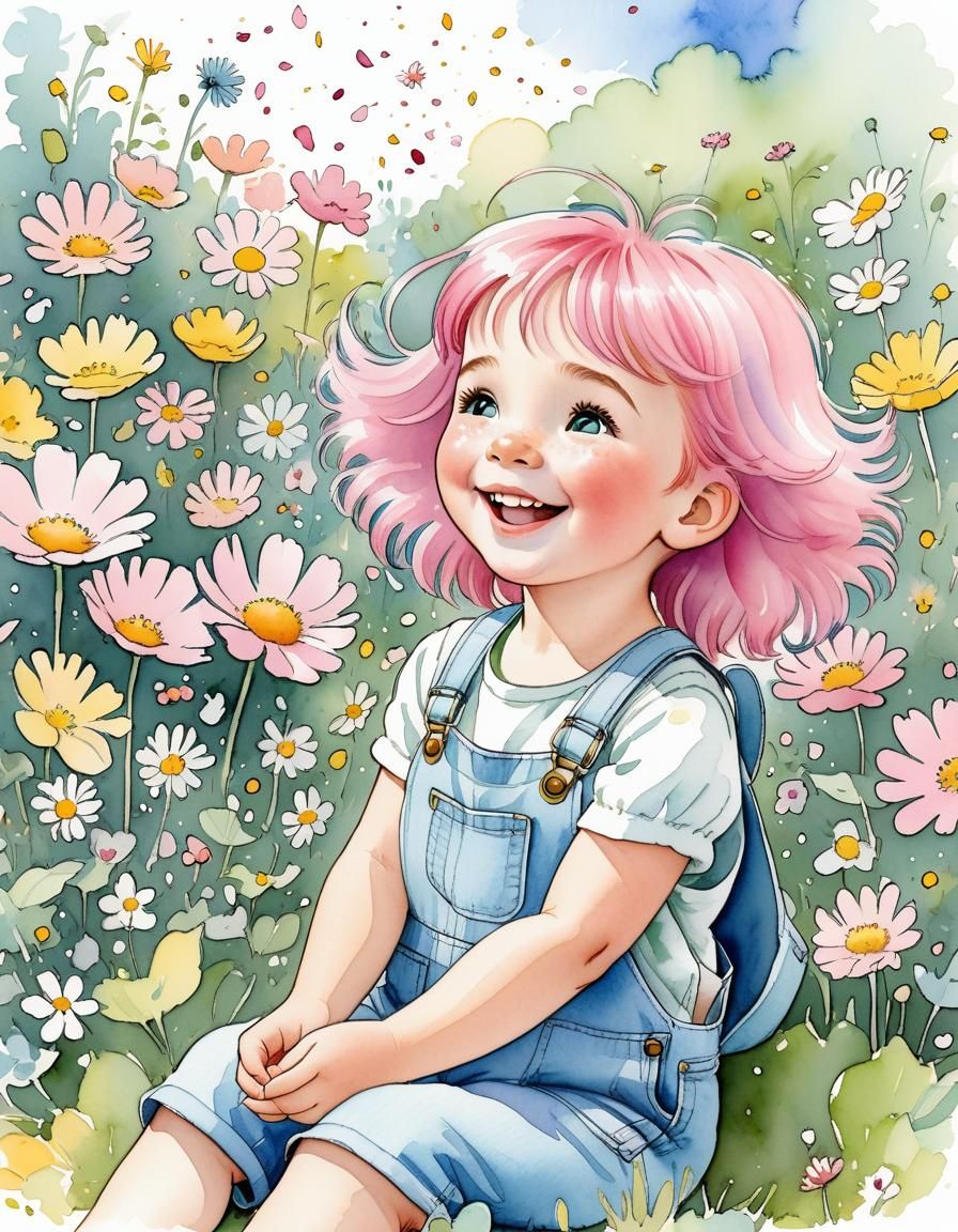 Charming Toddler in Giant Flower Garden Illustration