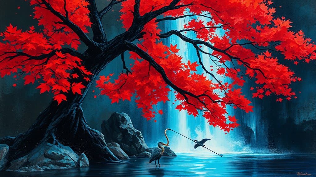 Ancient Tree and Waterfall in Ink Splatter Style