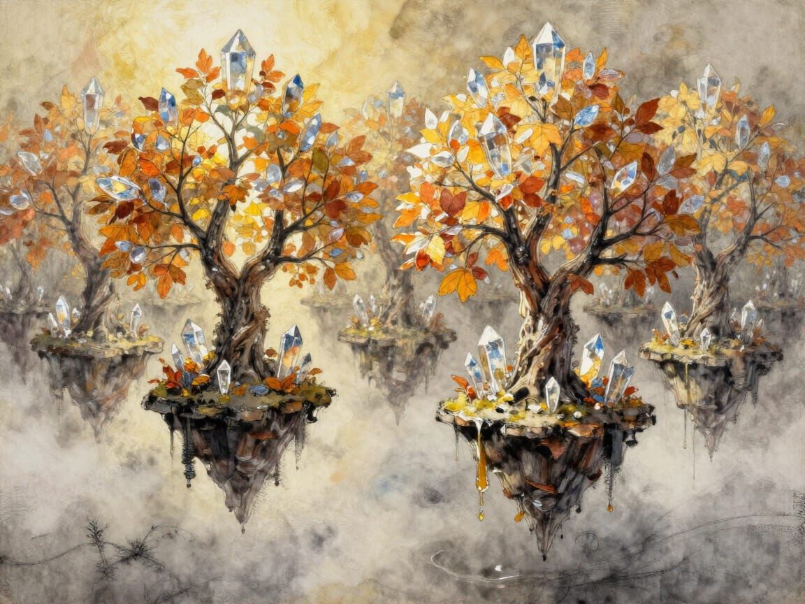 Floating Crystal Orchard Trees in Warm Autumn Light