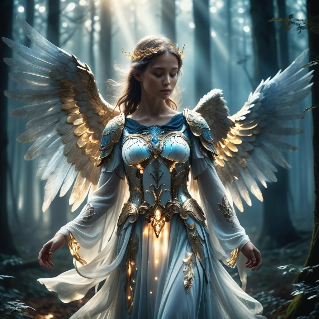 Mystical Angel in Dimly Lit Forest: Digital Art