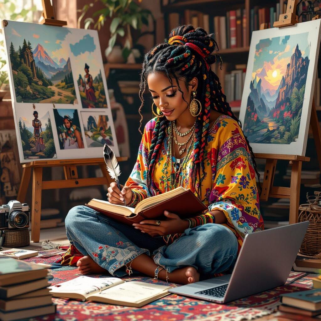 Woman Writing in Book Surrounded by Books and Photos