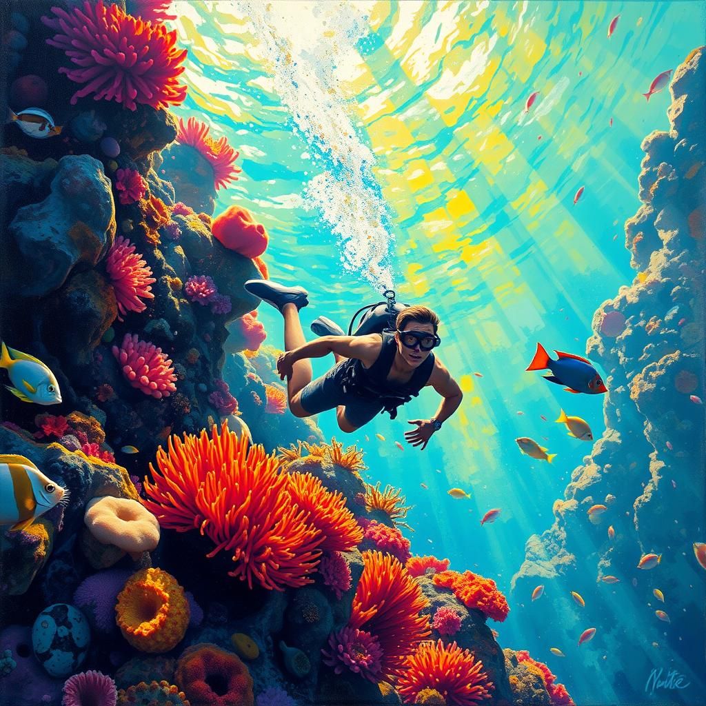 Underwater Diver Descends into Vibrant Coral Reef in Street ...