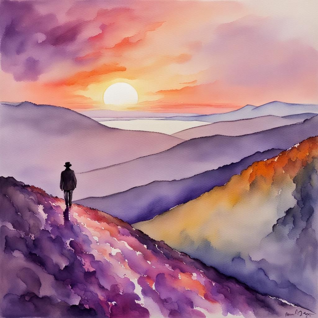 A person walking alone on a mountain top during sunset: wate...