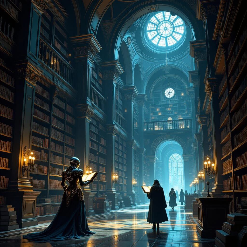 Sentient Library with Automaton Librarian in Dark Fantasy St...