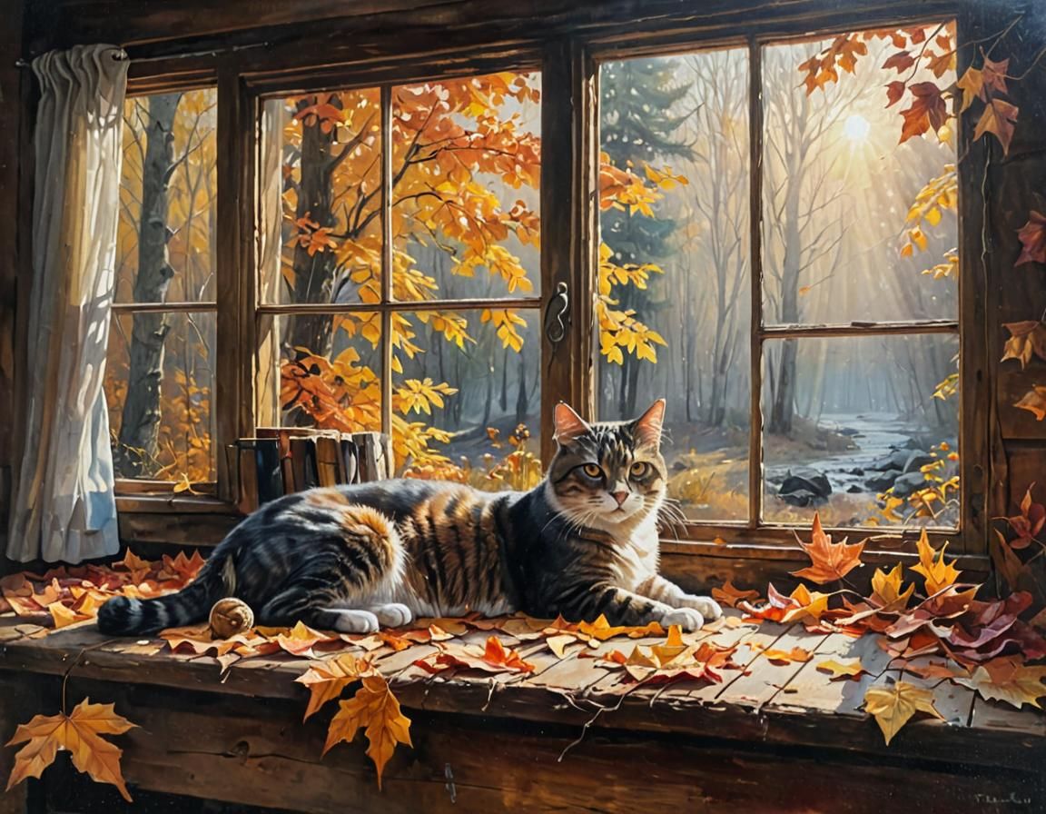 Cozy Cabin in Autumn Woods: Oil Painting of Sunbathing Cat