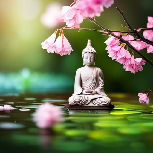 Sakura cherry blossoms and meditation Buddha in a Zen water garden Origami paper folds papercraft, made of paper, statio...