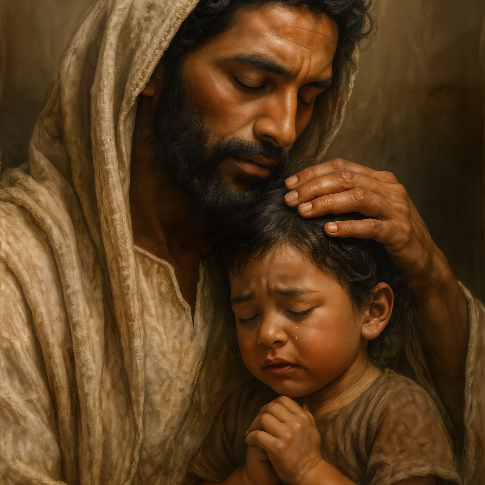 Peaceful Jesus Comforts a Child: CG Render