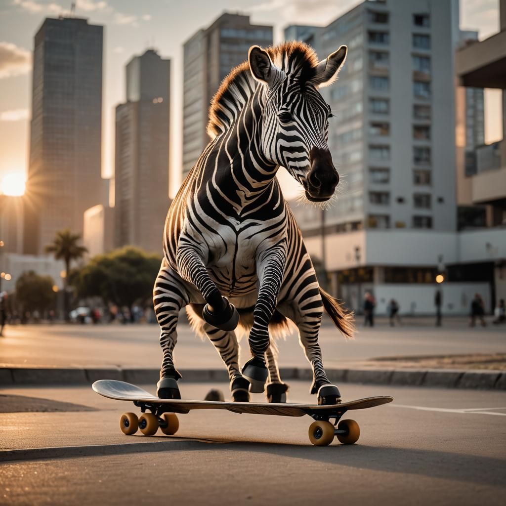 Zebra on Skateboard at Sunset