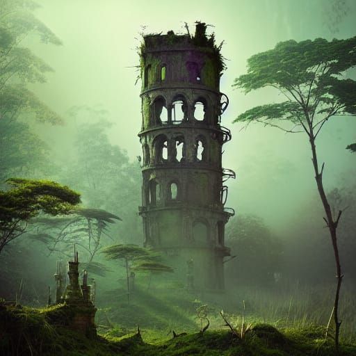 Mossy Tower in Fog, Fantasy Art Style