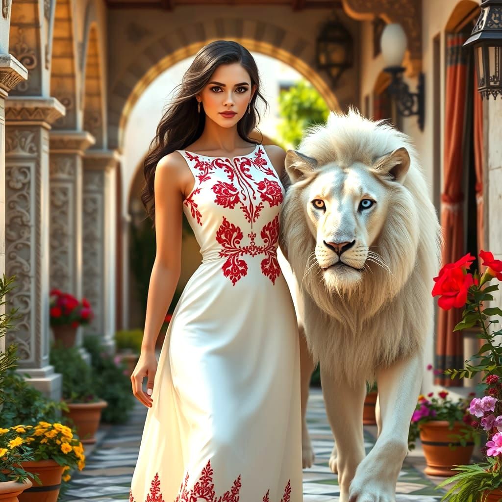 Greek Village Scene with Woman in Red and White Dress