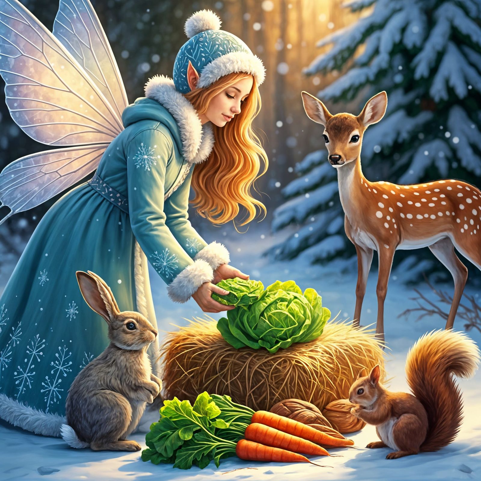Winter Fairy Feeds Forest Creatures in Snowy Clearing