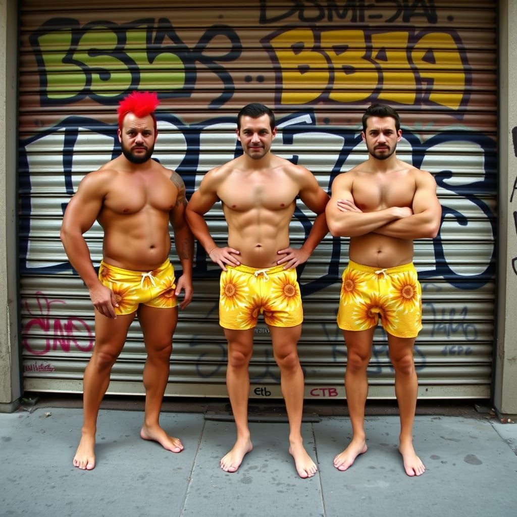 Muscular Men in Sunflower Briefs on Urban Street