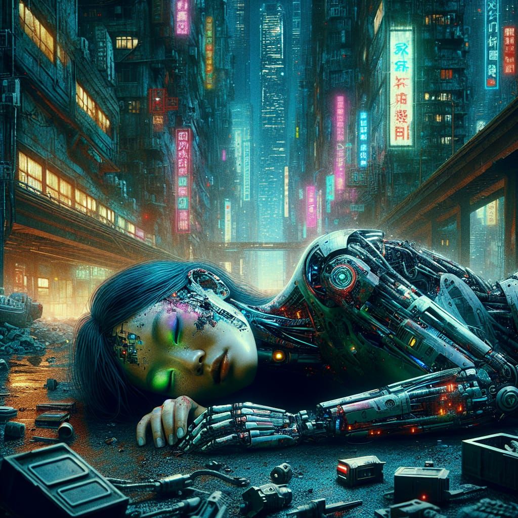 Deactivated Cyborg in Dystopian Cyberpunk Cityscape