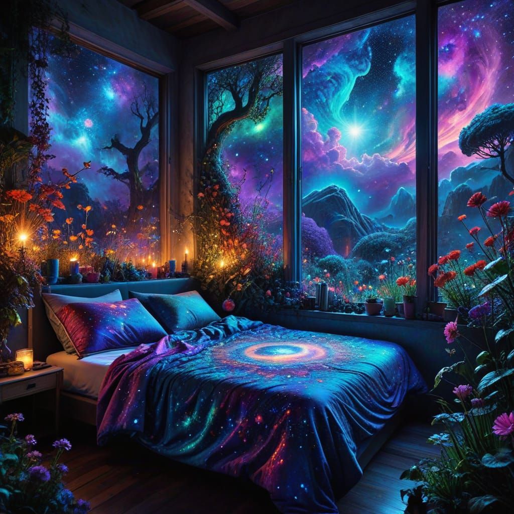 Cosmic Bedroom Illustration with Ethereal Glow