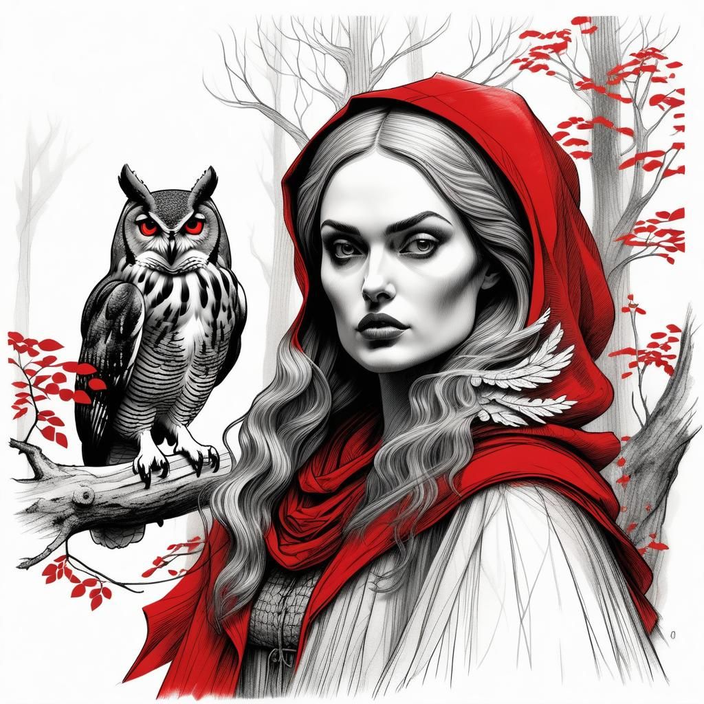 Red Riding Hood and Owl in Forest Sketch