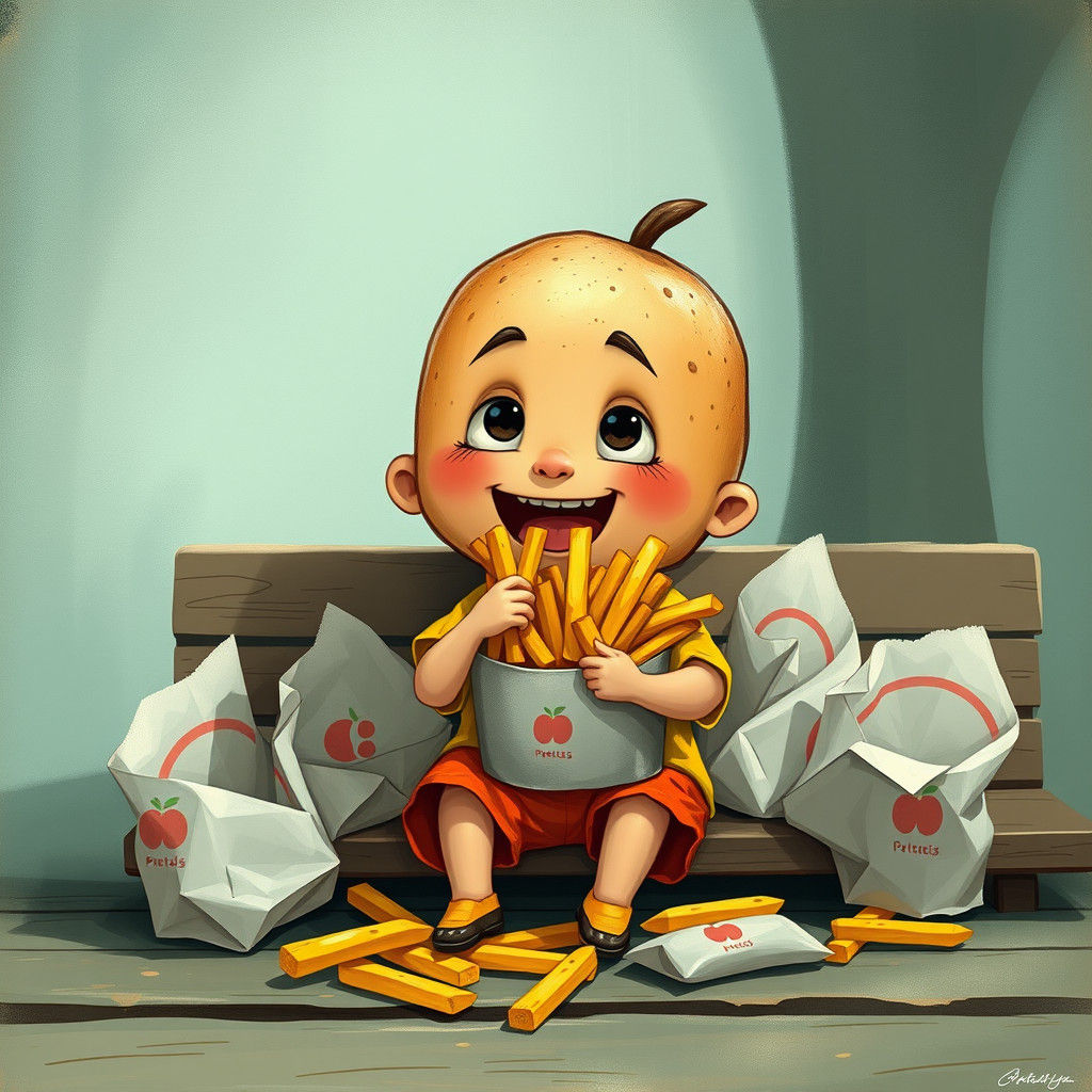 Potato-Headed Boy Munching on Fries: Whimsical Illustration
