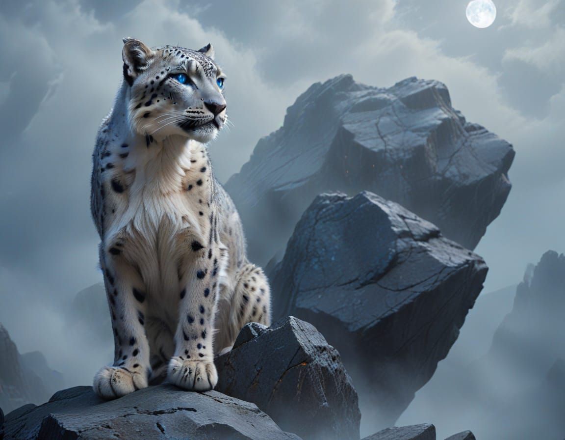 Massive Snow Leopard Under Full Moon