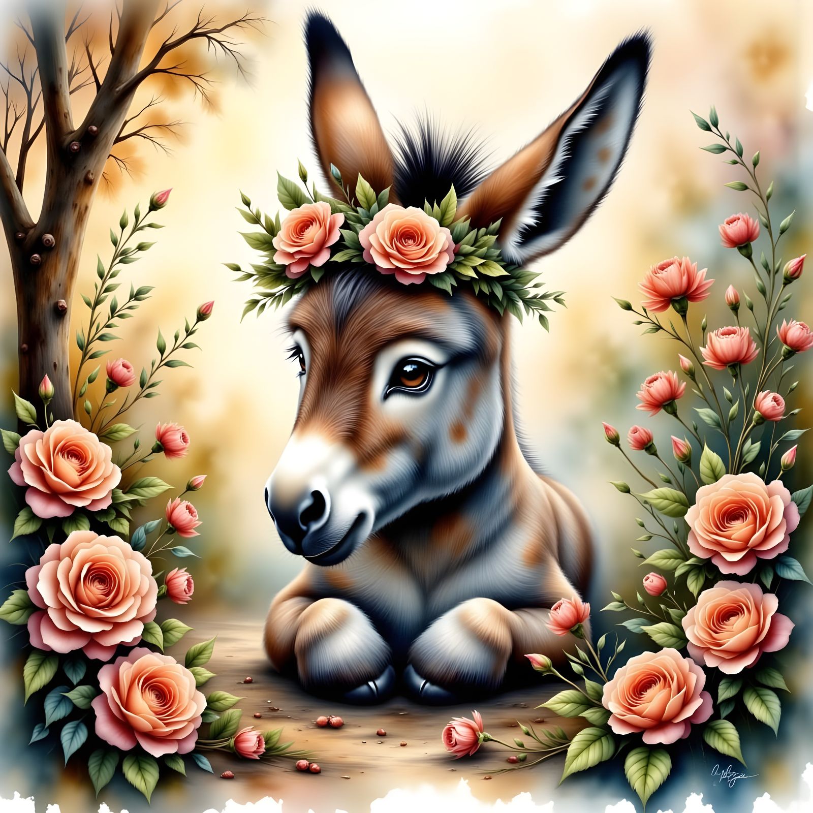 Cute Donkey Eating Roses Ink Illustration