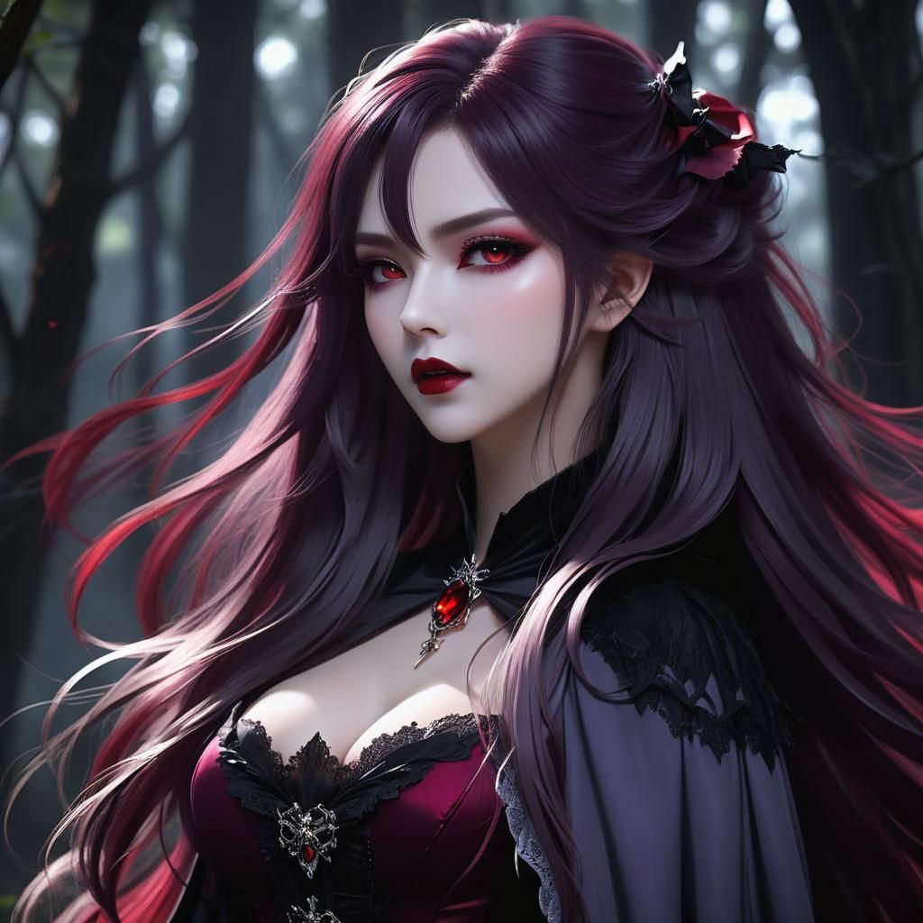 Elegant Gothic Anime Vampire in Dark Forest