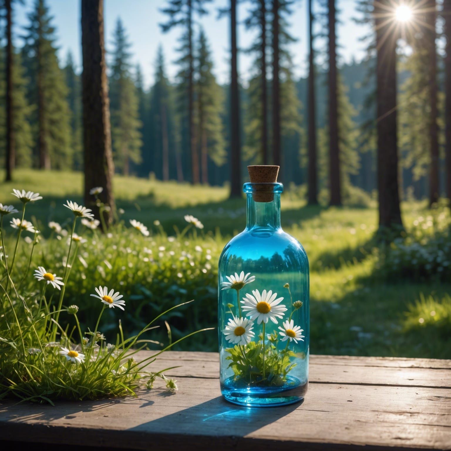 Blue Glass Bottle with Daisies in Surreal Style