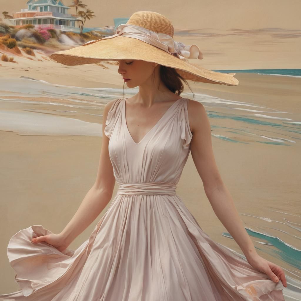 Surreal Art Deco Woman Painting Beachfront Property
